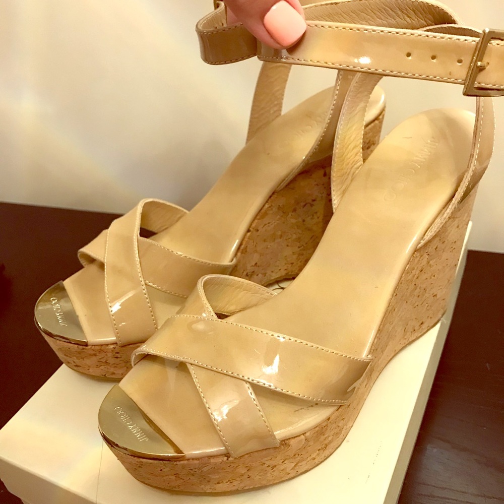 Jimmy Choo patent leather nude wedges sz 39